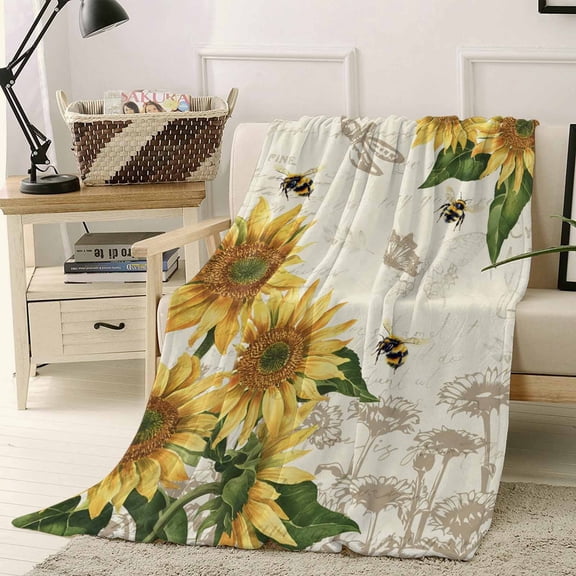 Fleece Blanket Watercolor Sunflower Bee Dragonfly Blankets, Soft Cozy Warm Flannel Throw Blanket, Country Floral Retro Letter Blanket for Bed Couch Sofa,40x50In