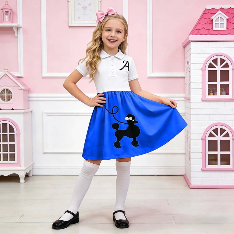 Dakiuu 50s Outfit Costume for Girls Toddler Kids 1950s 80s Vintage Poodle Skirt Letter A Collared Short Sleeve Retro Party Dress up Cosplay Career Day