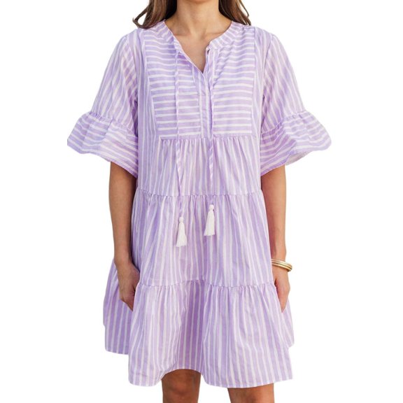 Womens Casual Bell Sleeves Waist Ruffled Striped Shirt Dress Light M