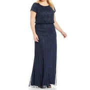 Angle View: NEW Adrianna Papell Navy Blue Size 16W Plus Beaded Blouson Gown Dress