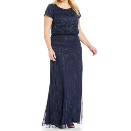 NEW Adrianna Papell Navy Blue Size 16W Plus Beaded Blouson Gown Dress
