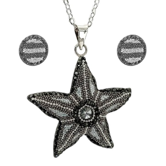 Juego de Aretes y Cadena con Dije Estrella de Mar ZVEZDA Plata Mexicana Ley .925 Gris