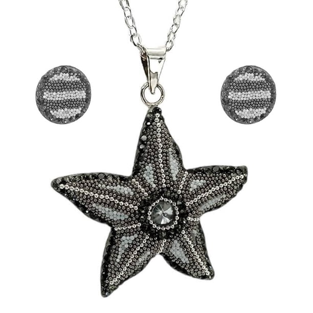 Juego de Aretes y Cadena con Dije Estrella de Mar ZVEZDA Plata Mexicana Ley .925 Gris