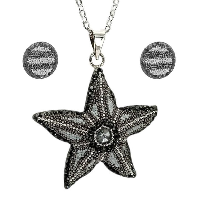 Juego de Aretes y Cadena con Dije Estrella de Mar ZVEZDA Plata Mexicana Ley .925 Gris