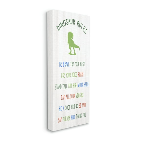 Stupell Industries Dinosaur Rules Listed Kids T-Rex Green Reptile Inspirational Painting Gallery Wrapped Canvas Print Wall Art, 20 x 48
