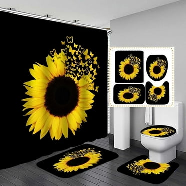 Shower Curtain and Rug Sets, 4 Piece Yellow Sunflower Butterfly Pattern Polyester Bathroom Decor Set Include Waterproof Non-Slip Toilet Lid Cover Bath Mat and 12 Plastic Hooks