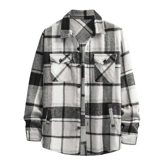 Men's casual long sleeve shirt lapel button Double side pockets top youth plaid outwear