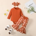 thumbnail image 2 of Toddler Kids Outfit Floral Printing Girls Long Sleeve Ribbed Romper Bodysuit Printed Bell Bottoms Pants Headbands Outfits Party Featival Clothes For Child, 2 of 8