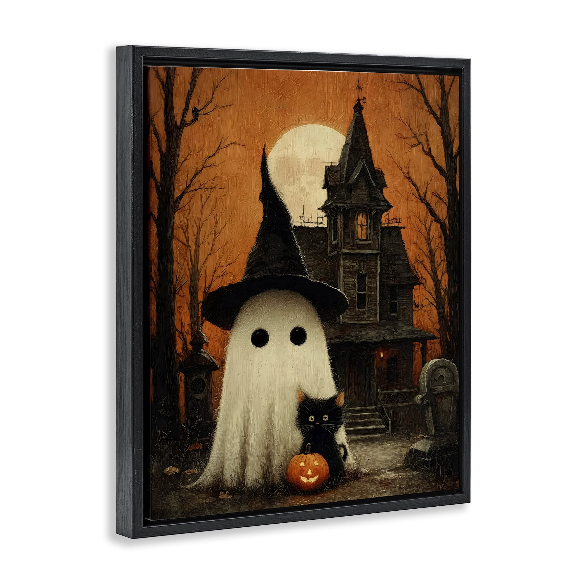 Cute Ghost & Haunted House Black Framed Floater Canvas Wall Art, design by Arlington Prints