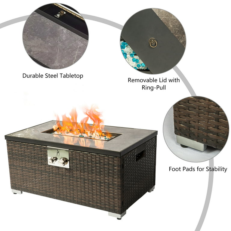 Propane Tabletop Fire Pit, 32in Gas Fire Pit Rectangle with Mixing Glass  Rocks Lid and Waterproof Cover for Patio, Pulse-Ignition 40,000BTU, Brown,  LJ1281 