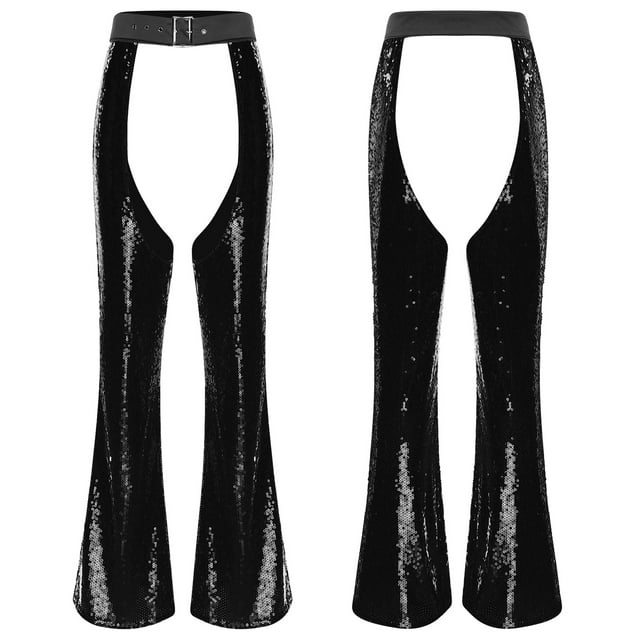 YiZYiF Pantalon Chaps Évasé à Paillettes pour Femmes, Pantalon à Taille Ajustable, Costumes Hippies d'Halloween, Tenue de Rave, Pantalon Disco, Noir P