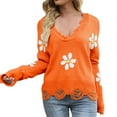 thumbnail image 2 of Orange Sweatshirt for Women's Ripped Long Sleeved Loose Knit Sweater with Small Flower V Neck Pullover Women Fall Clothes, 2 of 6