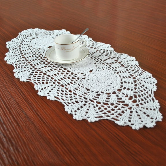 White Vintage Oval Table Runner Crocheted Cotton Floral Lace Tablecloth Doily
