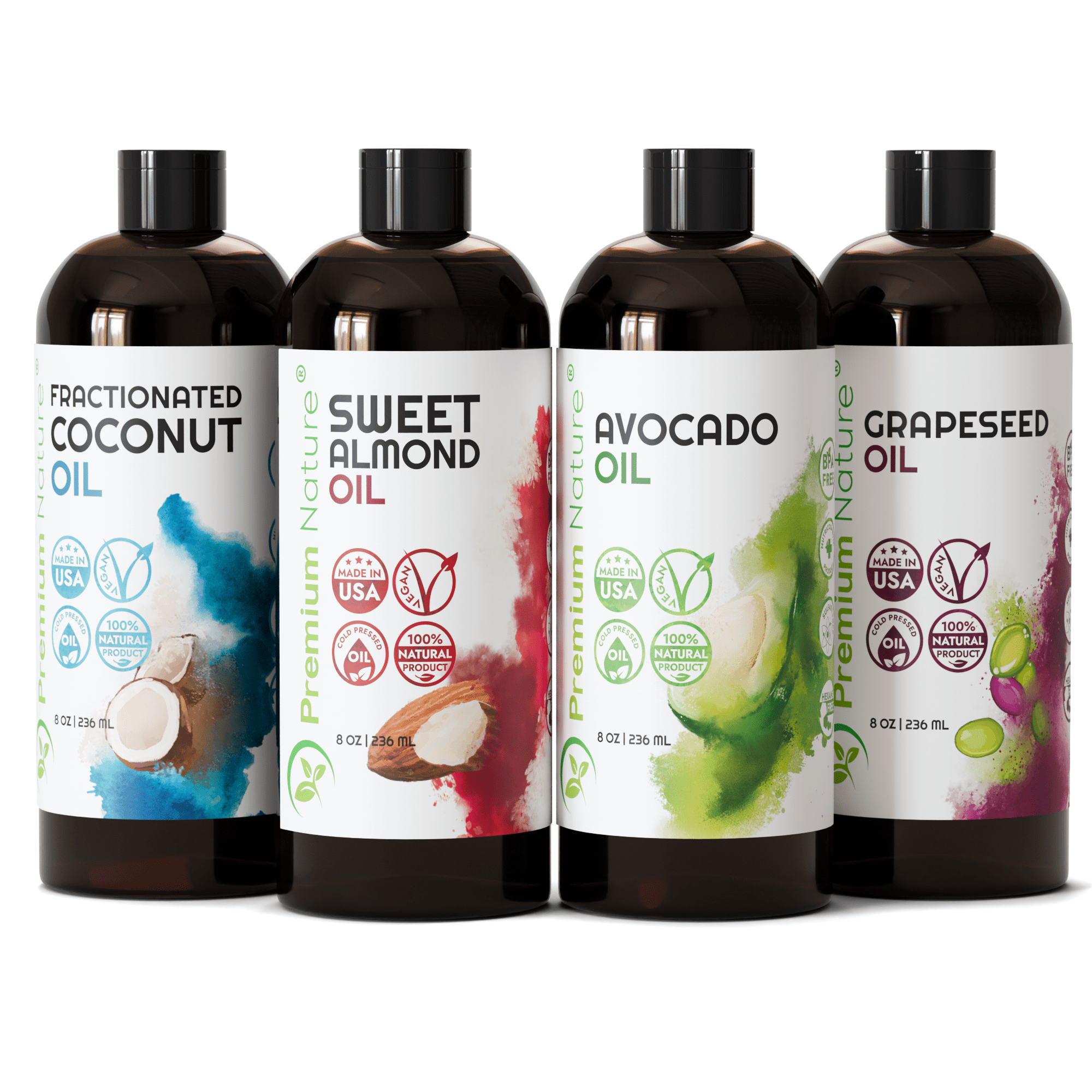 Carrier Oils Set - 4 Pack (8 fl oz Each) | Grapeseed Oil, Sweet Almond Oil, Avocado Oil & Fractionated Coconut Oil | Cosmetic Grade Oils for Skin, Hair, Massage & DIY Beauty