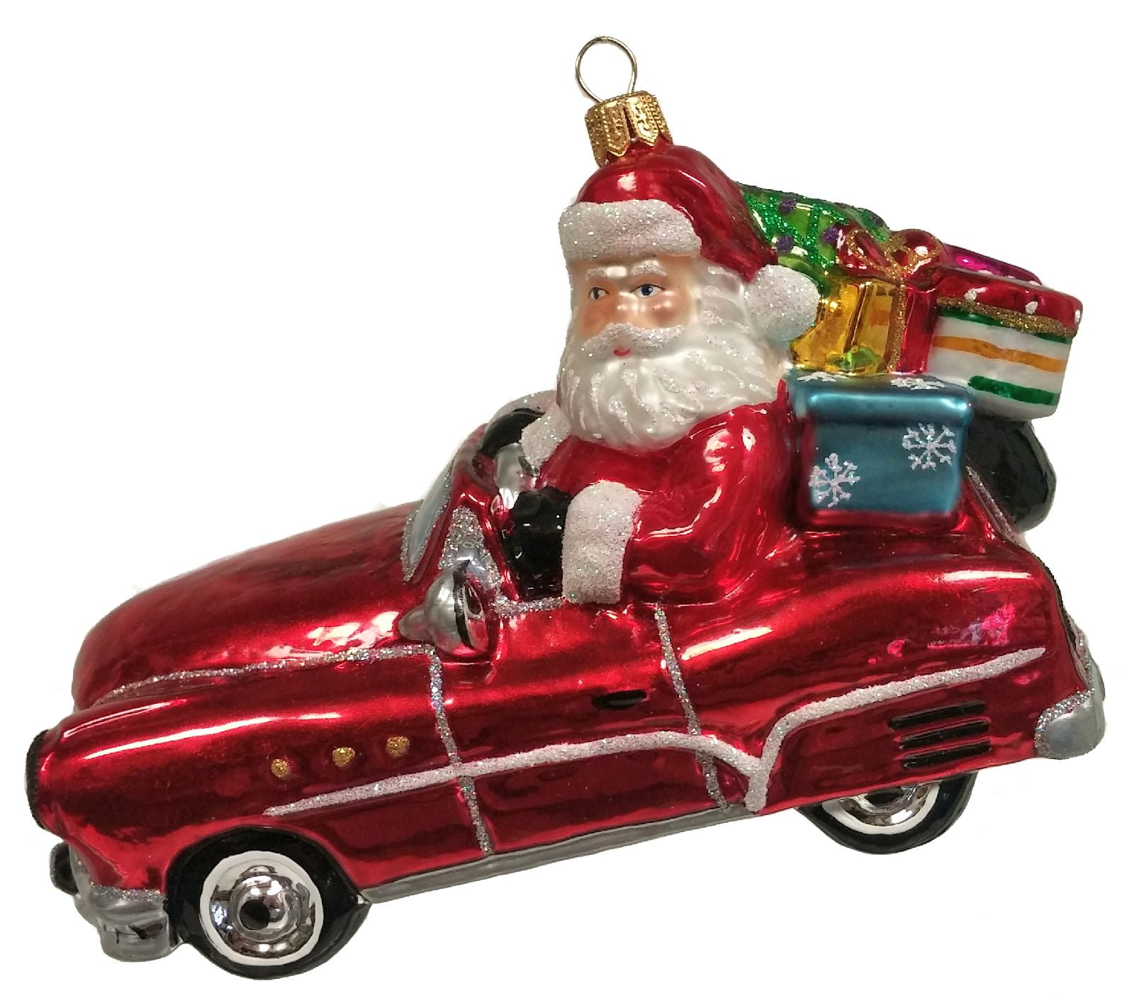 Santa Driving Red Vintage Car with Presents Polish Glass Christmas