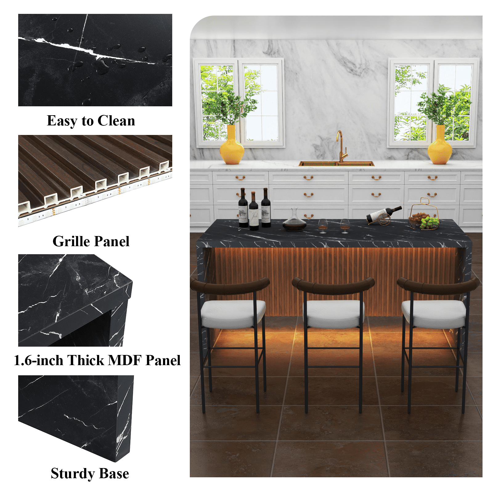 71" Modern Black Marble Dining Table with LED Lights, Rectangular Faux Marble Kitchen Table for 4-6 People, Large Island Table with Striped Grille Base for Dining Room, Home, or Living Room