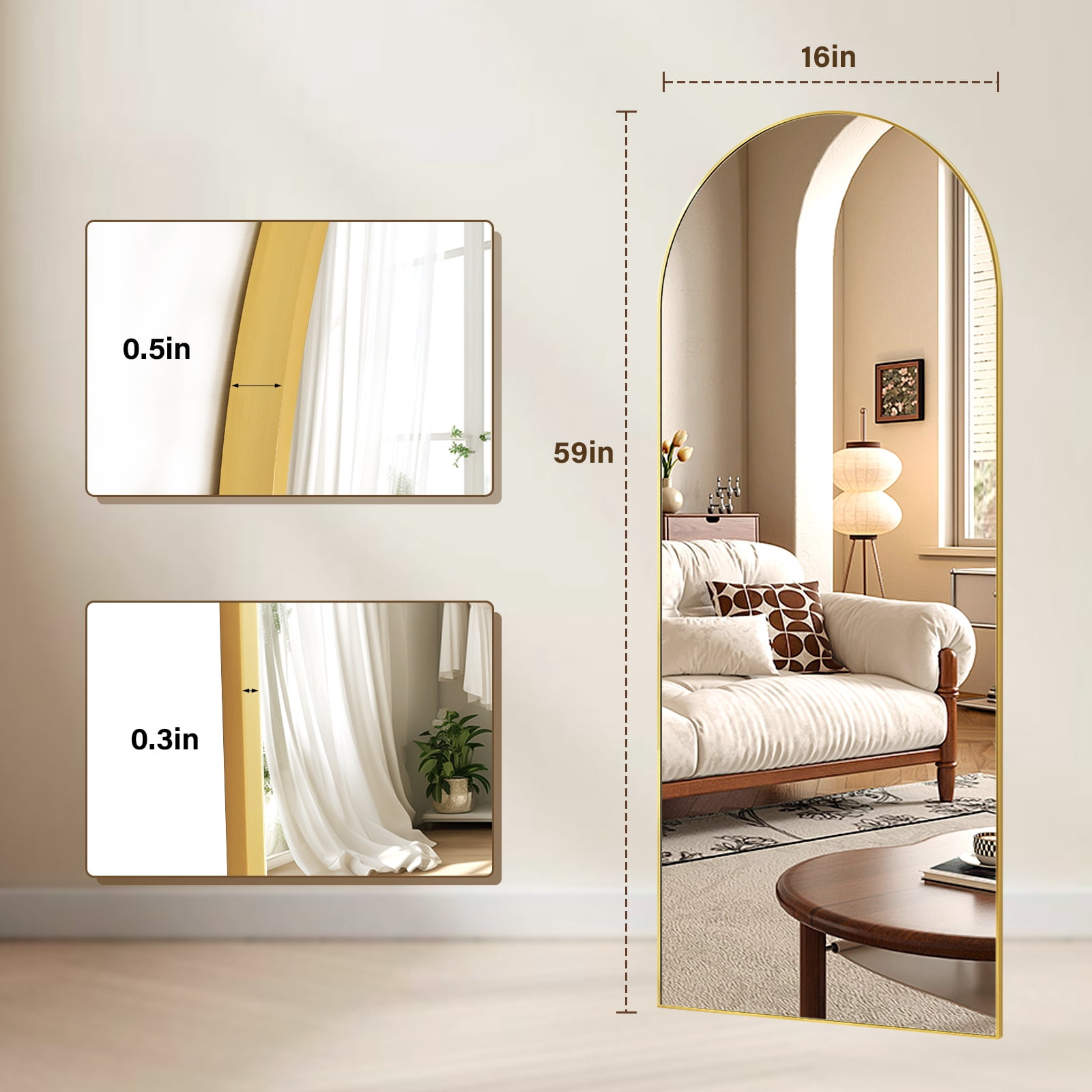 AUROMIR 16"x59" Arched Full Length Mirror Full Body Floor Mirror, Gold