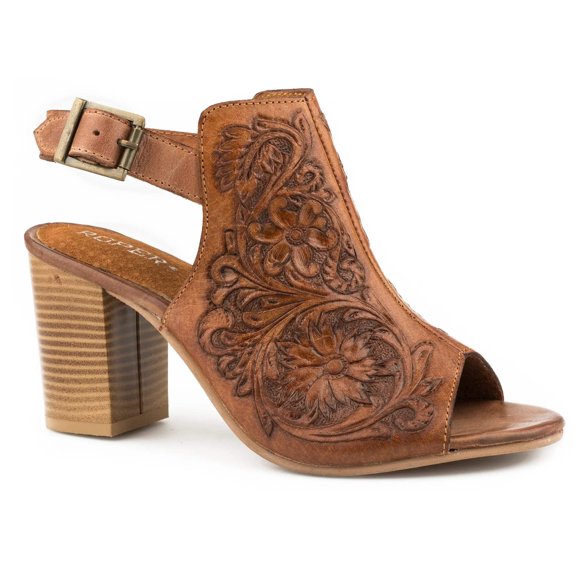Roper Womens Mika Floral Embossed Open Toe Shootie Pumps Dress Casual Shoes