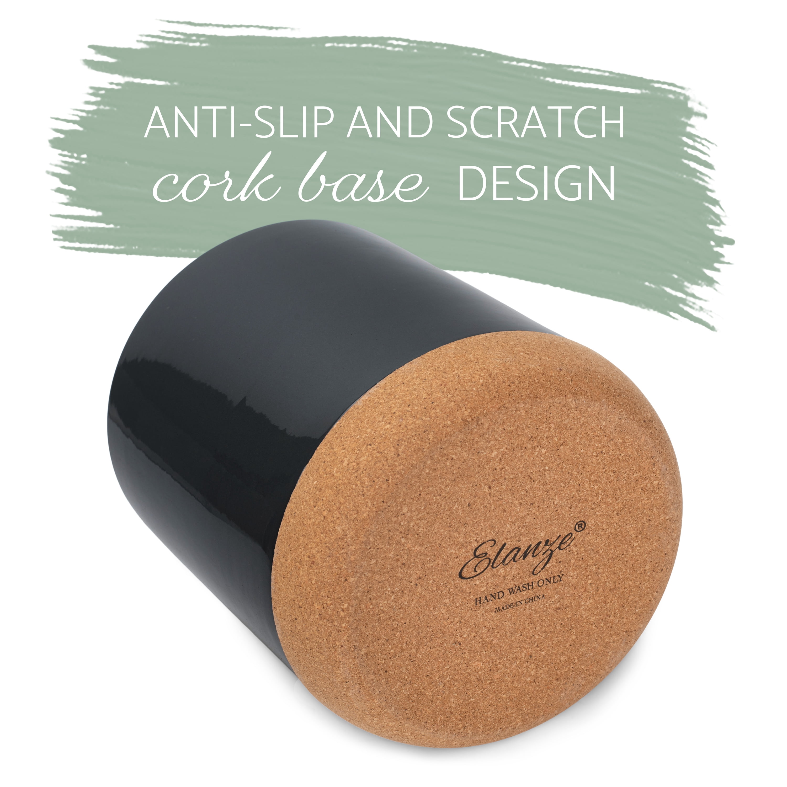 Glossy X-Large Ceramic Stoneware Cork Bottom Kitchen Utensil Holder, Black