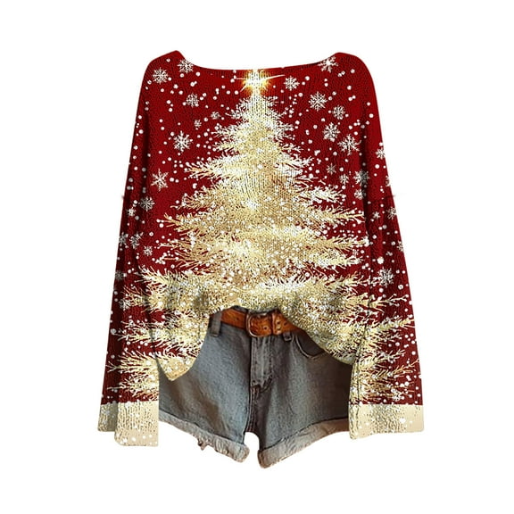 yardsong Holiday Top Imitation Ugly Sweater for Women - Boat Neck Christmas Pullover Long Sleeve Xmas Trees Graphic Red,S