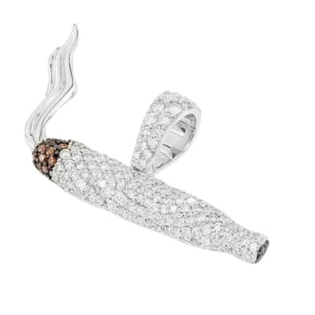 Real 925 Sterling Silver 14K White Gold Plated Round Cut White Diamond Burning Smoke Cigarette 2" Pendant For Men