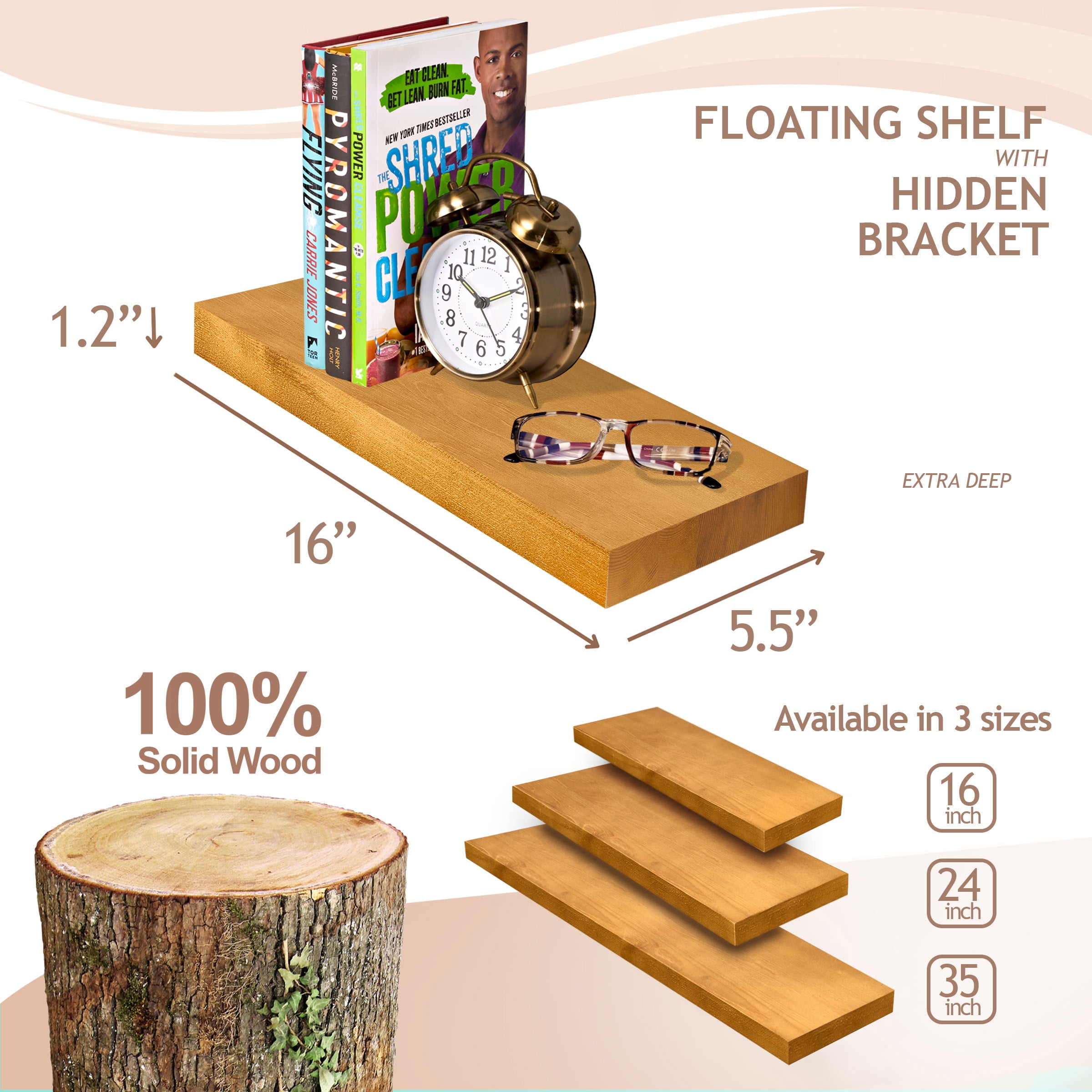 Sorbus 16" Maple Wood Floating Shelves, Set of 2 Solid Pine Wood Wall Shelves for Bathroom, Kitchen, Bedroom & Living Room Décor
