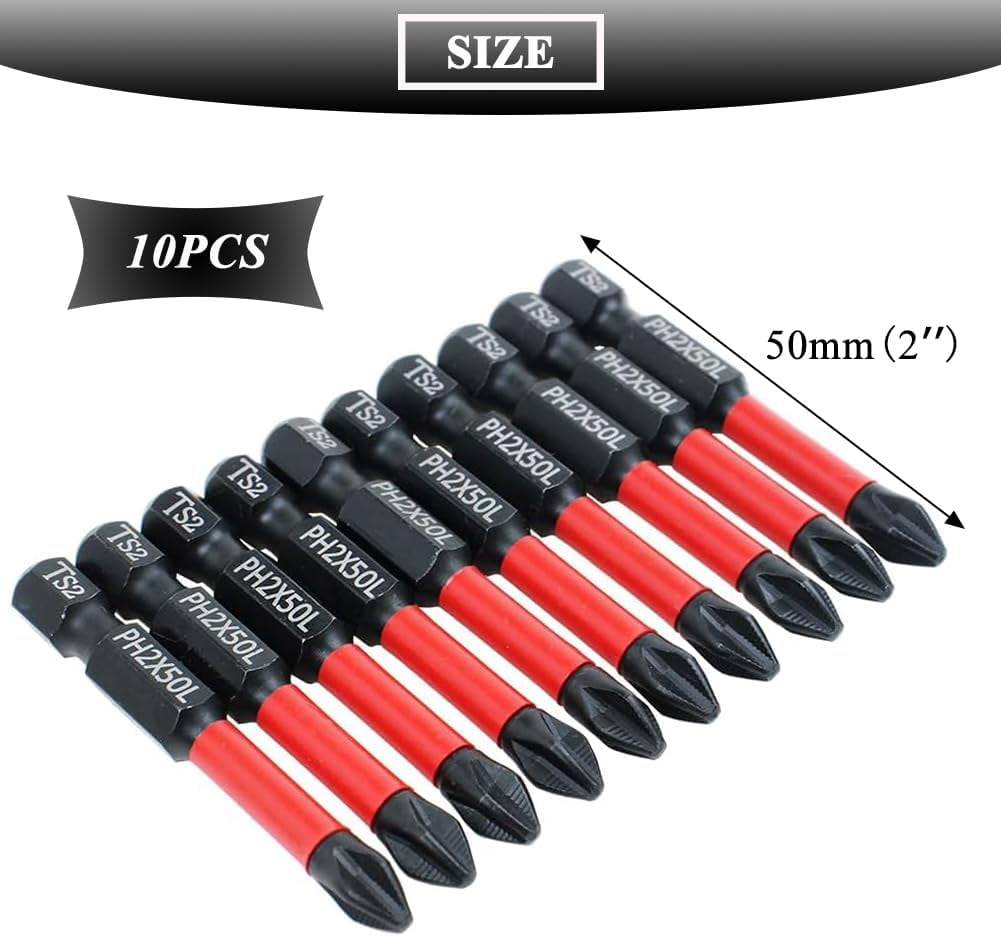 MKEUDQ-10PCS 2 Inch Magnetic Phillips Screwdriver Bit Set 1/4 Inch Hex Shank Impact Driver Bit Ph2 Anti Slip Screwdriver Bit TS2 Steel