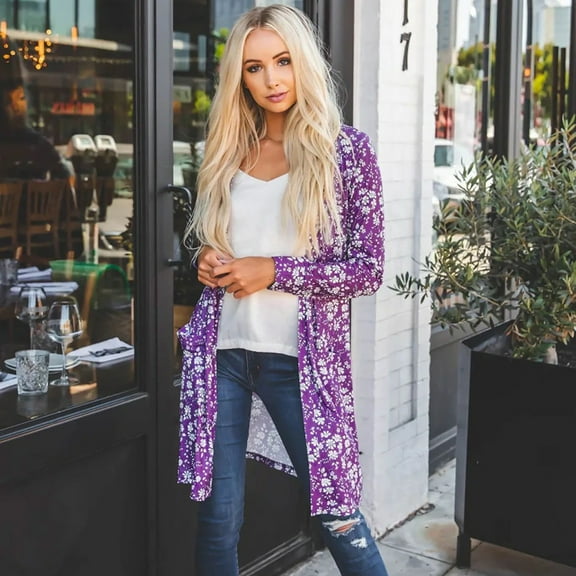 Babysbule Womens Cardigans Clearance Women Long Sleeve Cardigan Tops Casual Floral Print Loose Outwear Trench Coat Women's Top Clearance Blouse