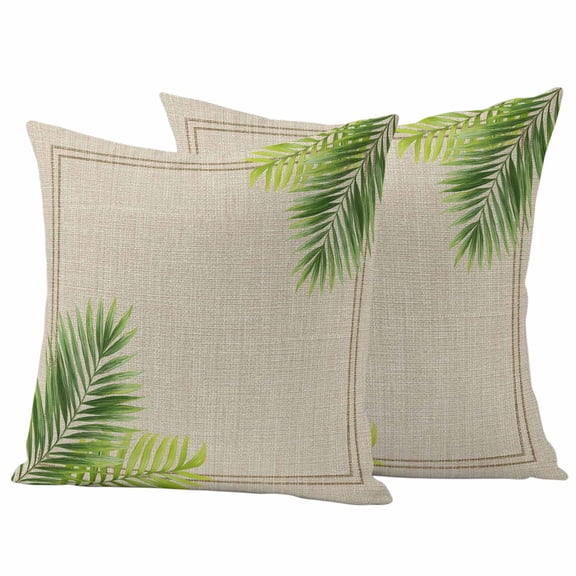 2 Pack Outdoor Waterproof Throw Pillow Covers,Palm Leaves on Light Brown Burlap Decorative Square Pillow Case Patio Pillowcases for Chair Couch Sofa 16x16in
