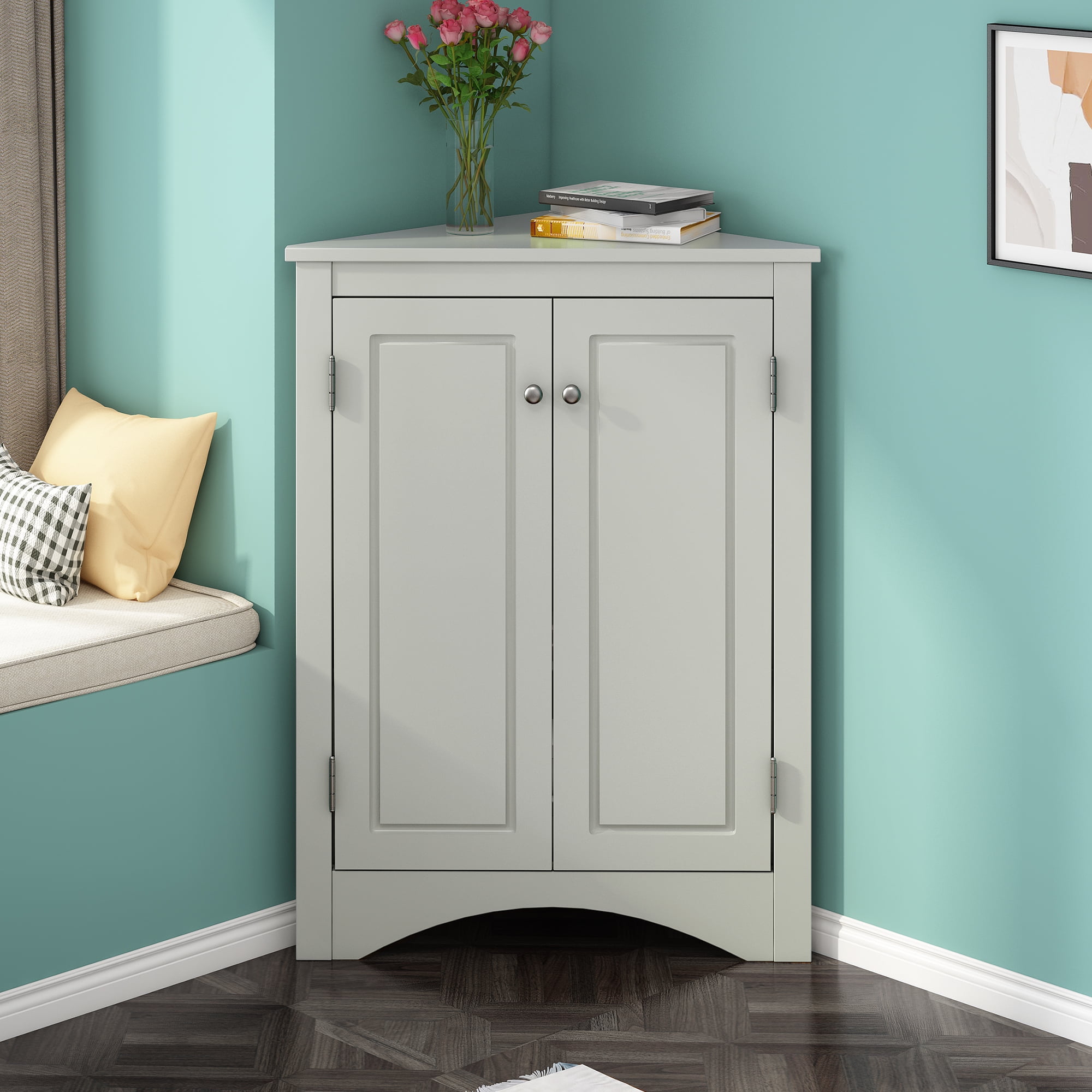 Euroco Triangle Bathroom Storage Cabinet with Adjustable Shelves, Freestanding Floor Cabinet for Home Kitchen