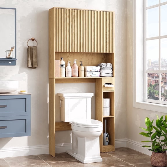 FOUHIU Over The Toilet Storage Cabinet with Fluted Doors, Natural Bathroom Storage Shelf Organizer for Restroom, Laundry