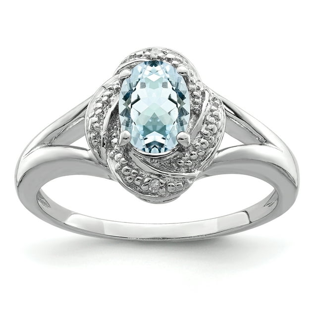 Sterling Silver Rhodium-plated Diam. & Aquamarine Ring Size 9