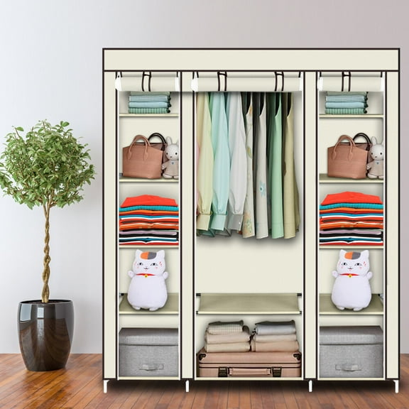 69" Portable Clothes Organizer Clothes Closet Wardrobe Storage Organizer with Non-Woven Fabric Quick Large Capacity Storage for Bedroom and Living Room, Beige