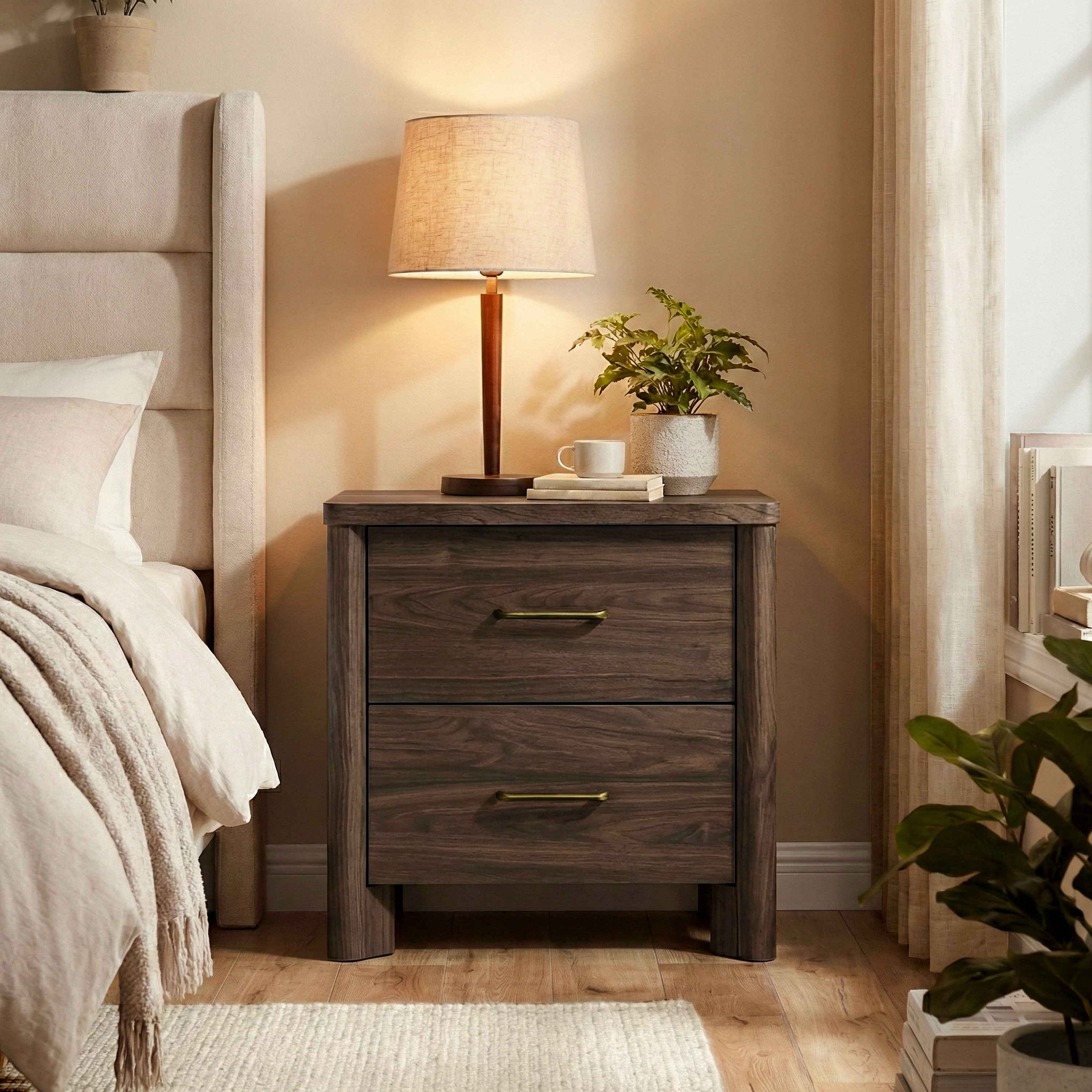 Furniture of America Gracie Modern Wood 2-Drawer Kids Nightstand with USB Ports, Walnut