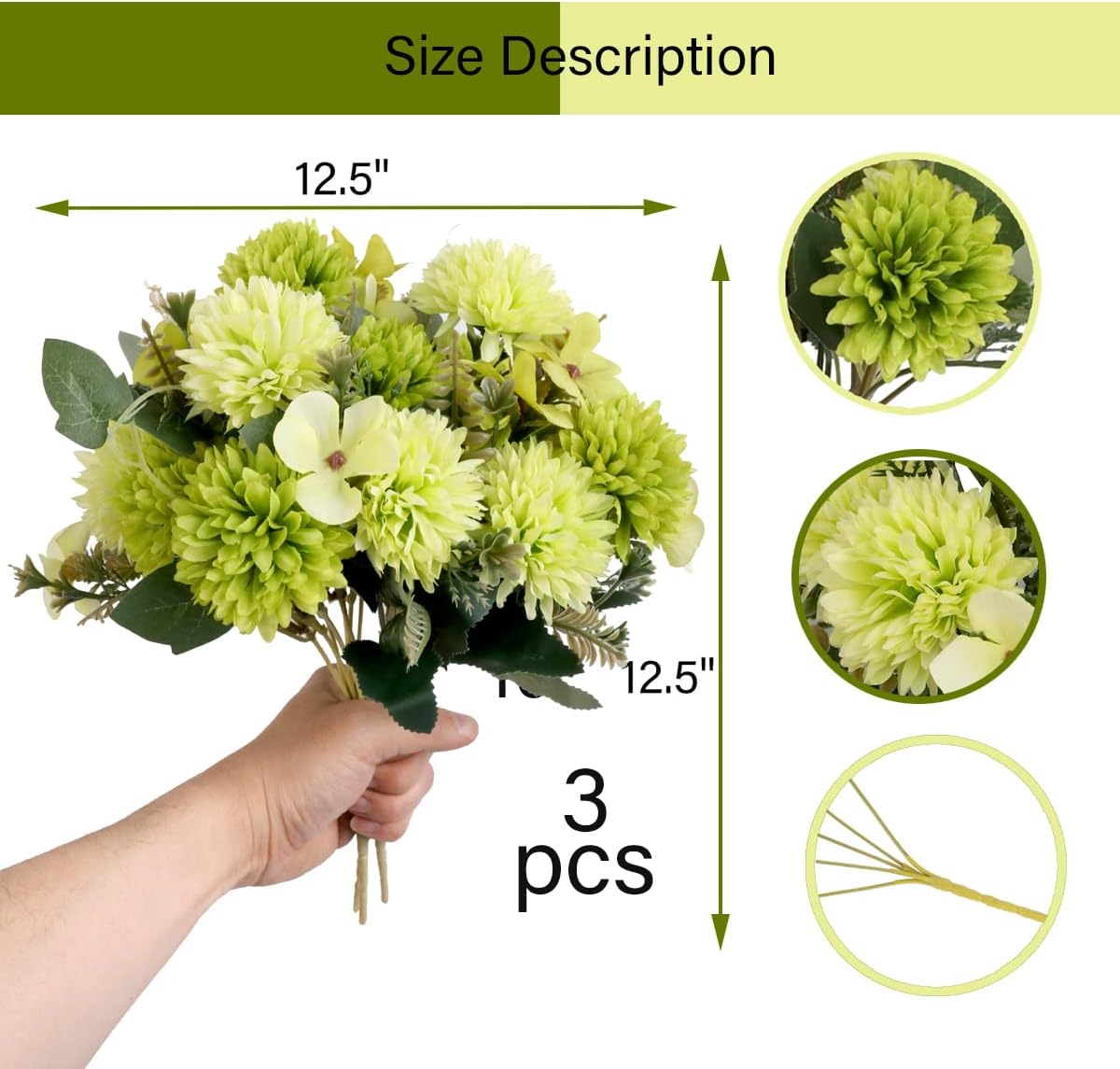 Artificial Chrysanthemum Ball Flowers - 3pcs Realistic Silk Flower with Stems&Leaves for Wedding, Party, House Decoration, Table Centerpieces Flowers