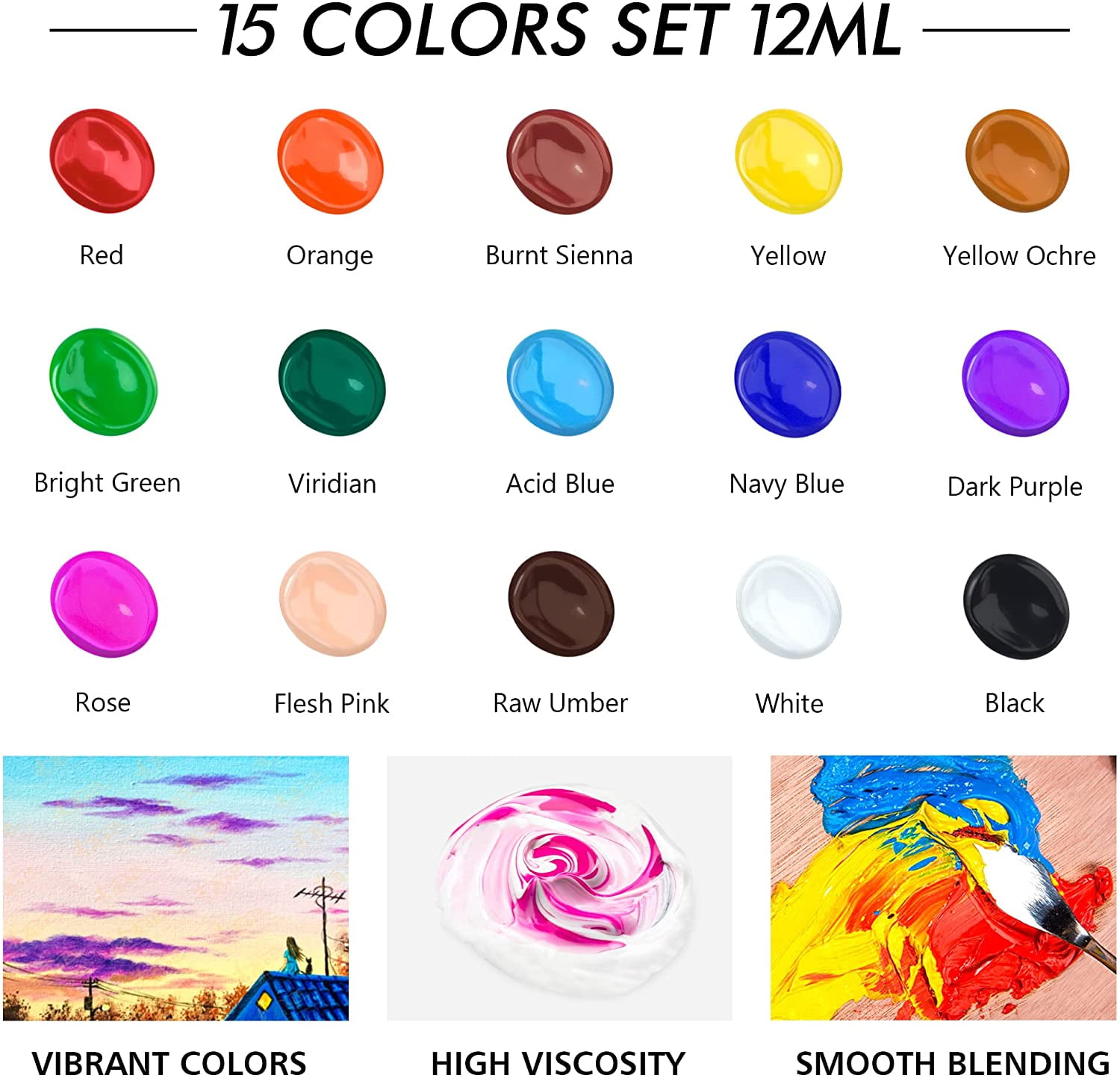 (3 pack) Acrylic Paint Set, Shuttle Art 15 x 12ml Tubes Non Toxic Rich Pigments Colors Perfect for Kids Adults Beginners Artists Painting on Canvas Wood Clay Fabric Ceramic Crafts