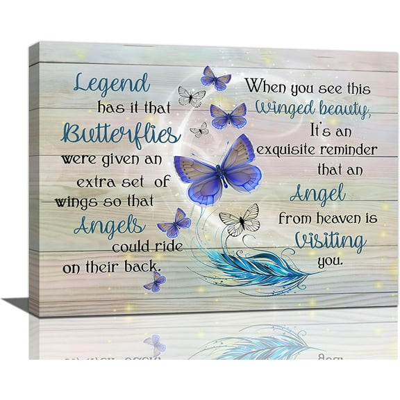 Inspirational Butterfly Canvas Wall Art Memorial Quotes Wall Decor Purple Butterfly Feather Heaven Pictures Prints Framed Painting Modern Artwork for Gifts Bedroom Living Room Office 16"x12"
