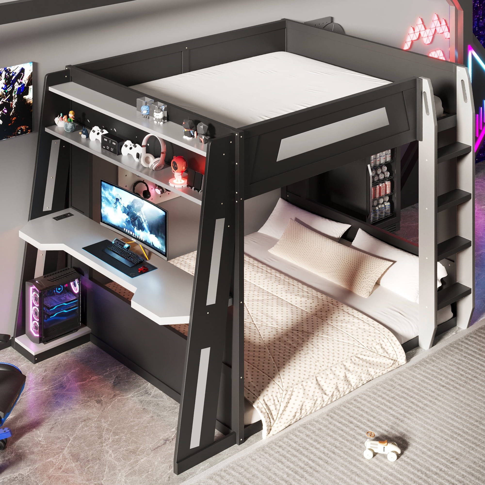 Euroco Queen Size Bunk Bed with Desk and Shelves, Gaming Bed with LED Light and USB Charging, Black & Grey