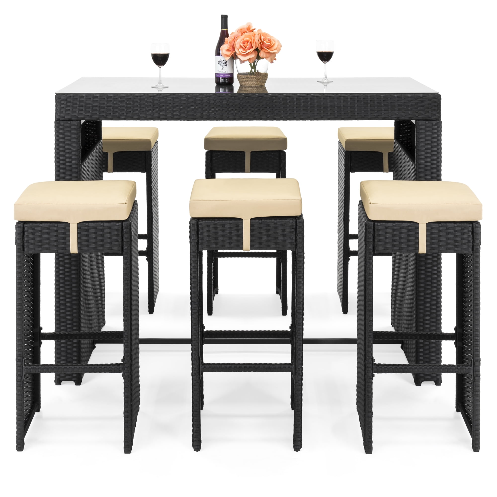Best Choice Products 7 Piece Outdoor Rattan Wicker Bar Dining Patio Best Choice Products 7 Piece Outdoor Rattan Wicker Bar Dining Patio Furniture Set W Gl Table Top 6 Stools Black