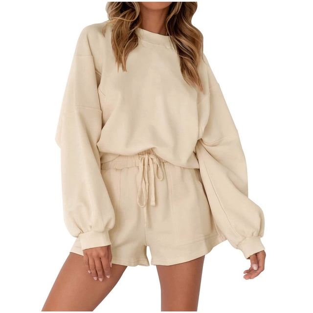 Yuyuzo Femmes Casual Manches Longues Couleur Unie Pull Col Rond 2 Pièces Shorts Vêtements de Sport Ensembles