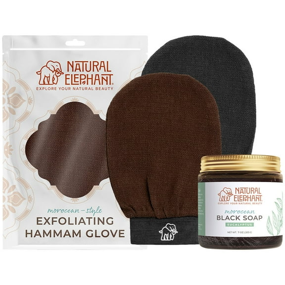 Natural Elephant Moroccan Black Soap 200g (7oz) and 2 Pack of Exfoliating Hammam Glove (Black and Brown) Combo
