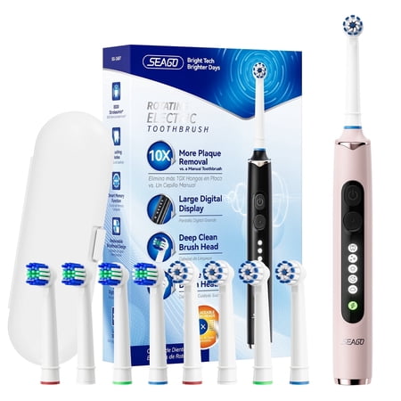 Seago Rotating Electric Toothbrush for Adults ，with 8 Replacement Heads 5 Cleaning Modes with Timer and Travel Case ，SG-2607 Pink