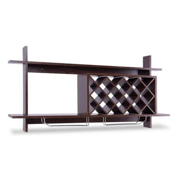 Wall Mount Wine Rack with Glass Holder - 10 Bottle Storage - Walnut Finish - Modern Home Bar Decor