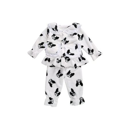 

Calsunbaby Little Girl 2Pcs Pajamas Set Puppy/Crown/Duck Print Long Sleeve Flounce Collar Top Long Pants Winter Warm Sleepwear Set