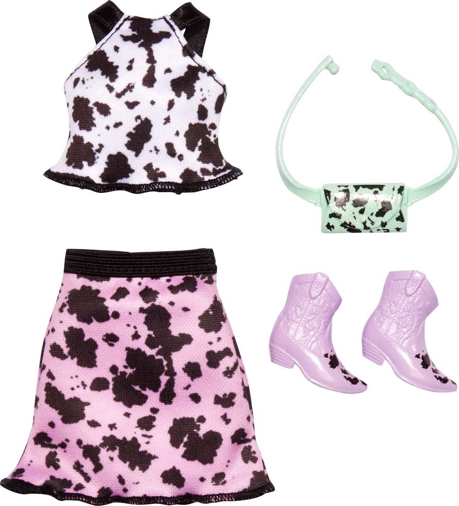 Barbie Fashion Pack of Doll Clothes, Complete Look Set with Cow-Print Top and Skirt, Plus Accessories