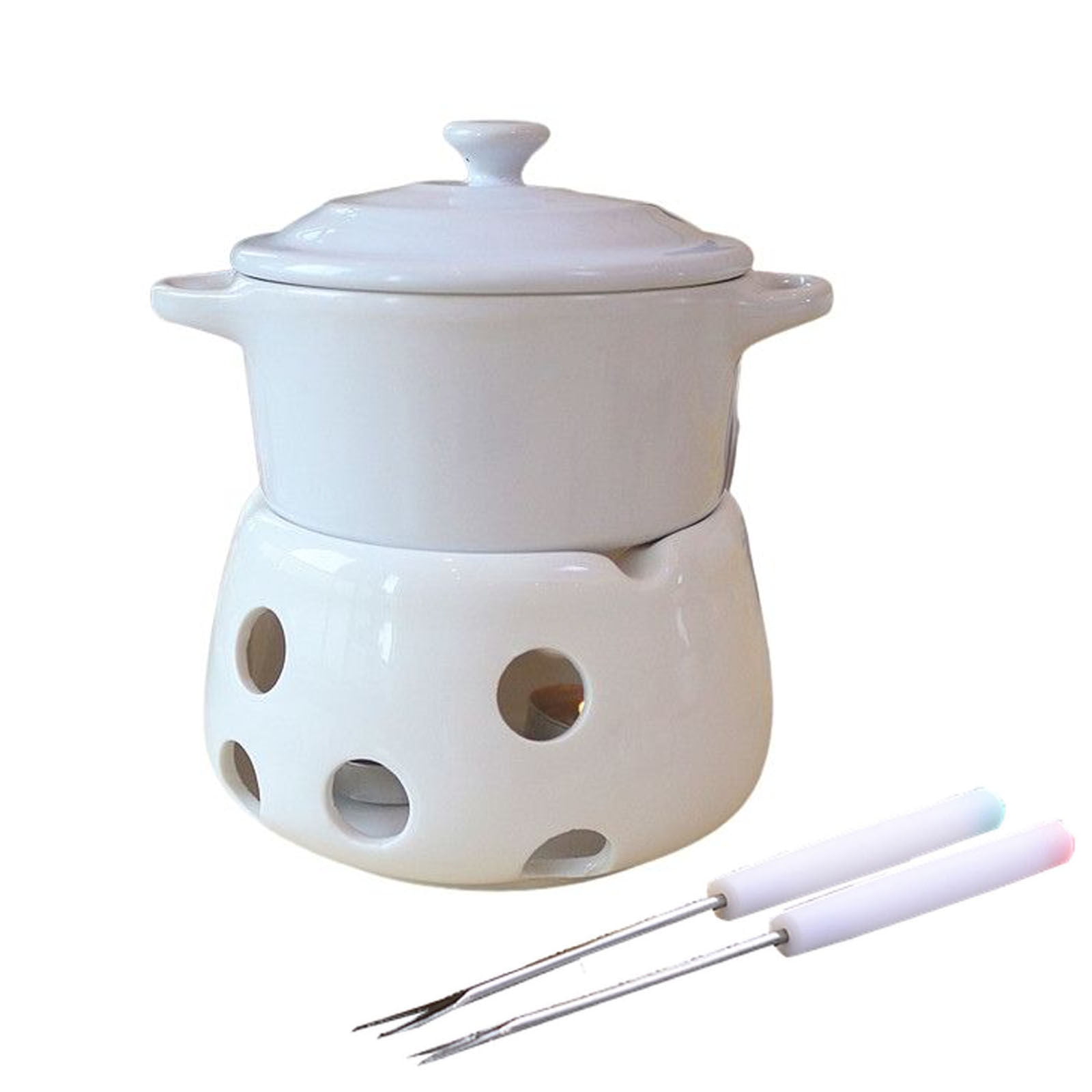 Ceramic Fondue Pot Set With Lid, Butter Warmer Bowl Set With 2 Dipping Forks, Chocolate Cheese