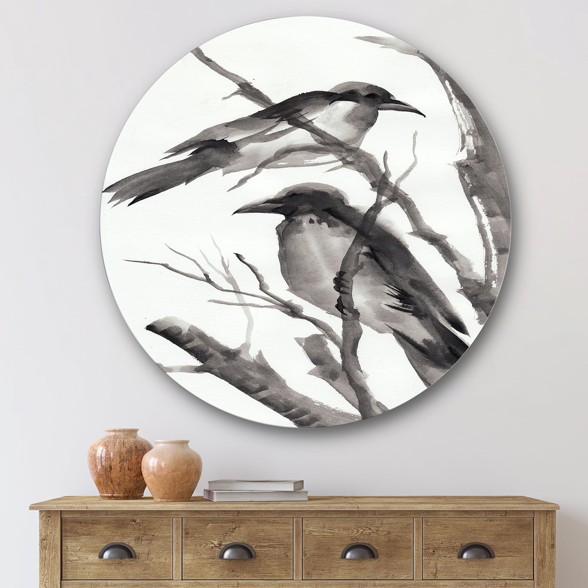 Designart 'Vintage Black and White Sleeping Crows' Traditional Circle Metal Wall Art 29x29 - Disc of 29