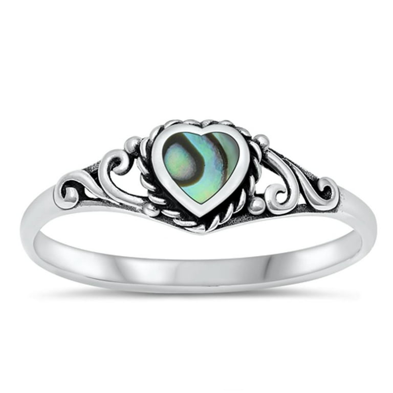 CHOOSE YOUR COLOR Abalone Heart Oxidized Filigree Promise Ring 925 Sterling  Silver Band Female Size 4
