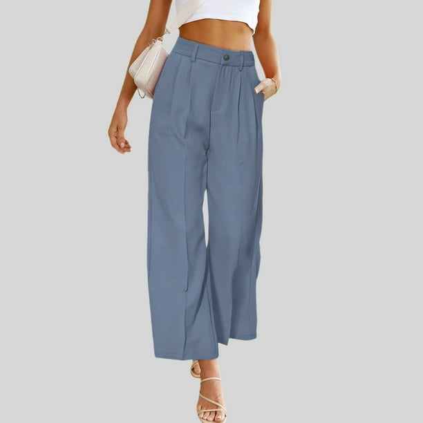 ICHUANYI Clearance Fashion Women Summer Casual Loose Pocket Solid Button Zipper Trousers Elastic Waist Pants(Blue, S) ICHUANYI WER2023081206255