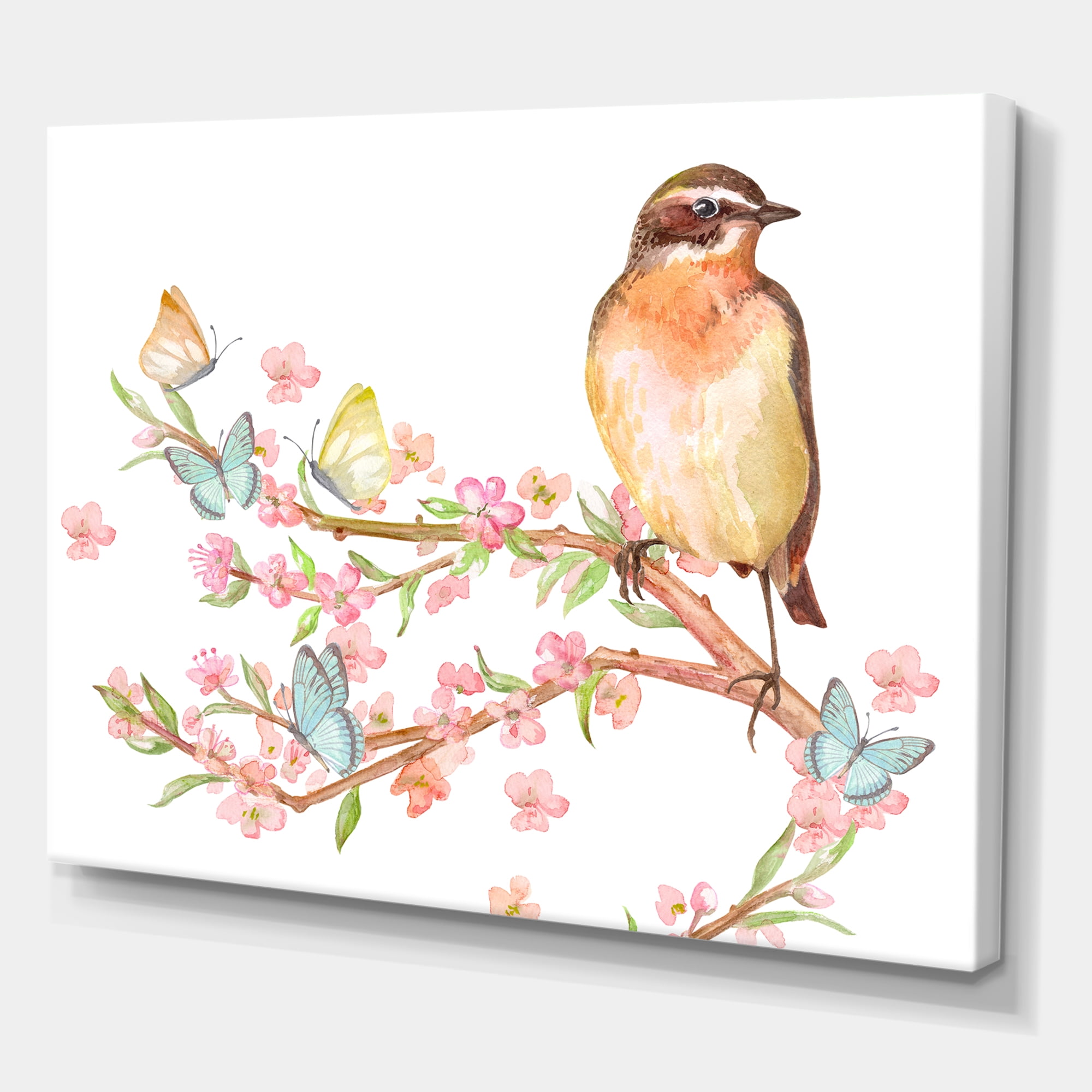 Designart ' Lovely Bird Sitting On Branch of Sakura With Butterflies ' Traditional Canvas Wall Art Print